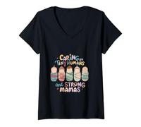 Women's Caring for Tiny Humans and Strong Mamas V-Neck T-Shirt