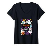 Womens Caring My Boos Group Boo Ghost As Nurse Doctor Halloween V-Neck T-Shirt