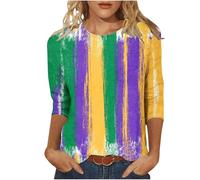 Women's Carnival Three Quarter Sleeve Top Yellow Green Purple Vertical Stripes Blouse Speckles Round Neck 3/4 Sleeve Tops Mardi Gras Festival Party Shirts Celebration Outfit Daily Wear