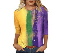 Women's Carnival Three Quarter Sleeve Top Yellow Green Purple Vertical Stripes Blouse Speckles Round Neck 3/4 Sleeve Tops Mardi Gras Festival Party Shirts Celebration Outfit Daily Wear