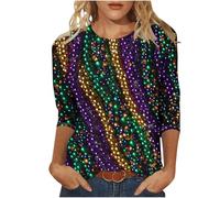 Women's Carnival Three Quarter Sleeve Top Yellow Green Purple Vertical Stripes Blouse Speckles Round Neck 3/4 Sleeve Tops Mardi Gras Festival Party Shirts Celebration Outfit Daily Wear