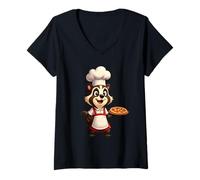 Womens Cartoon Badger Pizza Baker with Chef Hat and Apron V-Neck T-Shirt