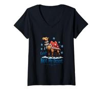 Women's Cartoon Camel in Winter Clothes Standing in Snow V-Neck T-Shirt