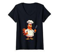 Womens Cartoon Chicken Chef Holding Cooking Spoon V-Neck T-Shirt