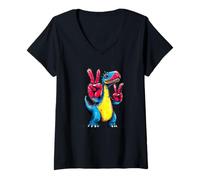 Women's Cartoon Dinosaur Double Peace Retro Pop Graphic Sign Gesture V-Neck T-Shirt