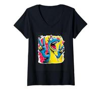 Women's Cartoon Dinosaur Double Peace Retro Pop Graphic Sign Gesture V-Neck T-Shirt