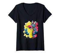 Women's Cartoon Dragon Double Peace Retro Pop Graphic Sign Gesture V-Neck T-Shirt