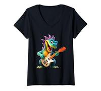 Women's Cartoon Dragon Rock Star Electric Guitar Player Design V-Neck T-Shirt