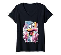 Women's Cartoon Duck Double Peace Graffiti Pop Graphic Art Face V-Neck T-Shirt