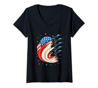 Womens Cartoon Fighter Jets American Flag 4th Of July Celebration V-Neck T-Shirt