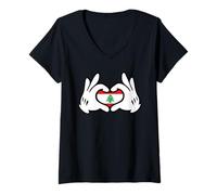 Womens Cartoon Hands Forming Heart Lebanon Flag V-Neck T-Shirt