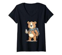 Womens Cartoon Hiking Bear with Backpack and Thermos V-Neck T-Shirt