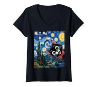 Womens Cartoon Kitty's Starry Night/Cat Painting Fun V-Neck T-Shirt