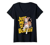 Women's Cartoon Pet Dog Mom Dad Breed Cool Just me and My Borzoi V-Neck T-Shirt