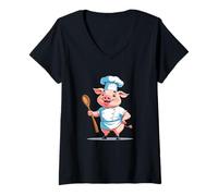 Womens Cartoon Pig Chef with Hat and Spoon - Animal Illustration V-Neck T-Shirt