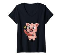 Womens Cartoon Pig with Sausage Kawaii Barbecue Humor V-Neck T-Shirt