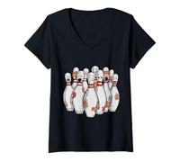 Womens Cartoon Scared Bowling Pins - Funny Sport Bowler Tee V-Neck T-Shirt
