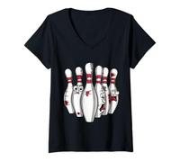 Womens Cartoon Scared Bowling Pins - Funny Sport Bowler Tee V-Neck T-Shirt