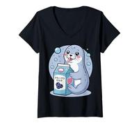 Womens Cartoon Seal Drinking Blueberry Milk Japanese Cute Kawaii V-Neck T-Shirt