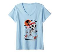 Women's Cartoon Skeleton Runner with Red Sneakers and Orange Moon V-Neck T-Shirt
