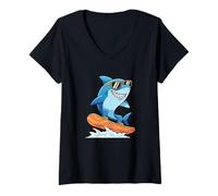 Womens Cartoon Surfing Shark with Sunglasses Summer Vibes V-Neck T-Shirt