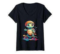 Womens Cartoon Turtle with Helmet on Skateboard Illustration V-Neck T-Shirt