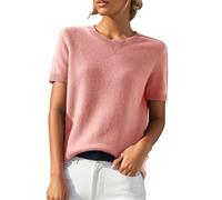 Women's Cashmere Blend Crewneck Sweater - Loose Fit Short Sleeve Lightweight, Spring Summer Casual Everyday Knit Top(Pink,XX-Large)