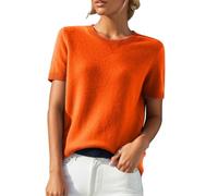 Women's Cashmere Blend Crewneck Sweater - Loose Fit Short Sleeve Lightweight, Spring Summer Casual Everyday Knit Top(Orange,M)