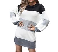 Women's Cashmere Jumpers Dress Striped Long Sleeve Lazy Style Wool Dress Tunic Bodycon Slim Fit Pullover Knitwear Loose Lightweight Warm Everyday Sweater MiniY2k Streetwear Basic Knitted Grey