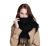 Women's Cashmere Scarf Warm Winter Soft Checked Plain Fine Knit Large Tube Scarf with Tassels for Men Girls Autumn Black 200 x 68 cm, black, 200*68cm