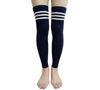 Women's Cashmere Wool Winter Warm Knitted Over Knee High Leg Warmer, Navy Blue-stripe, One Size