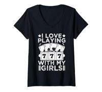 Womens Casino Gambler Love Playing With My Girls Gambling V-Neck T-Shirt