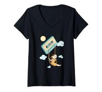Womens Cassette Daydream - Girl Swinging on a Tape in Clouds V-Neck T-Shirt