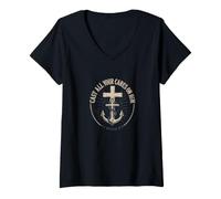 Women's Cast All Your Cares On Him 1 Peter 5:7 Bible Verse V-Neck T-Shirt