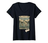 Womens Cast Your Cares, Fish with Faith, 1 Peter 5:7 V-Neck T-Shirt
