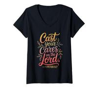 Women's Cast Your Cares on The Lord 1 Peter 5:7 V-Neck T-Shirt