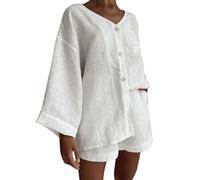 Womens Casual 2 Piece Outfits Cotton Linen Set Long Sleeve Button Down Shirts High Waisted Shorts 2025 Vacation Set Swimsuit Cover Ups for Women Plus (White, L)