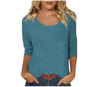 Womens Casual 3/4 Sleeve Scoop Neck Tee Shirts Solid Color Basic Top Blouses Aesthetic Streetwear Blue