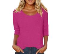 Womens Casual 3/4 Sleeve Scoop Neck Tee Shirts Solid Color Basic Top Long Sleeve Blouses Dressy Casual Loose Fit Comfy Going Out T-Shirts(Hot Pink,XL)