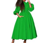 Women's Casual African Dresses Elegant Mock Neck Long Puff Sleeves High Waist A-Line Big Swing Maxi Dress With Belt (Color : Green, Size : XXL)
