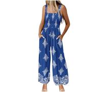 Womens Casual Baggy Dungarees Retro Print Smocked Elasticated Bib Overalls Sale Clearance Loose Fit Women's Jumpsuits & Playsuits Wide Leg Bib Pants Beach Boho Summer Rompers Ladies Dungarees Pockets