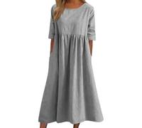 Women's Casual Basic Outdoor Crew Neck Pocket Smocked Cotton Dress, Loose Fit Midi/Maxi with Sleeves Dress (Light Gray,5XL)