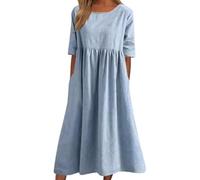 Women's Casual Basic Outdoor Crew Neck Pocket Smocked Cotton Dress, Loose Fit Midi/Maxi with Sleeves Dress (Light Blue,XXL)