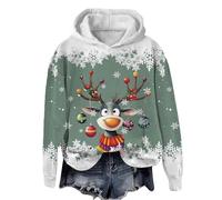 Women's Casual Big Stag Head Snowflake Christmas Print Round Neck Long Sleeve Hooded Lightweight Hooded Top Lacquer Top Women Sexy, Light green, S