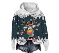 Womens Casual Big Stag Head Snowflake Christmas Print Round Neck Long Sleeve Hooded Top Lightweight Hooded Top Women Knitted, Dark green, S