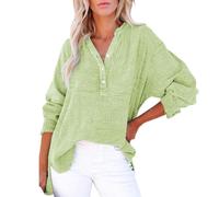 Women's Casual Buttoned V-Neck Long Sleeve Oversized Solid Blouse Tops Costume Blouses Women Sexy, Green, L