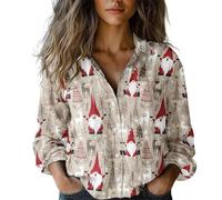 Women's Casual Christmas Long Sleeve Button Down Shirt - Printed Holiday Patterns for Family Gatherings & Xmas Parties (UK, Alpha, S, Regular, Regular, 07khaki)