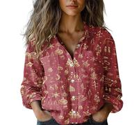 Women's Casual Christmas Long Sleeve Button Down Shirt - Printed Holiday Patterns for Family Gatherings & Xmas Parties (UK, Alpha, S, Regular, Regular, 04red)