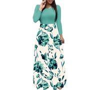 Women's Casual Color Block Floral Long Sleeve Maxi Dress-Elegant Plus Size Bohemian Style Fall Long Dress for Parties Weddings Holiday (A-Green,5XL)