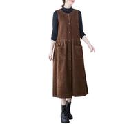 Women's Casual Corduroy Tank Dress Button Down Sleeveless Loose Mid Length Long Swing Overall Pinafore Dress with Pockets Khaki